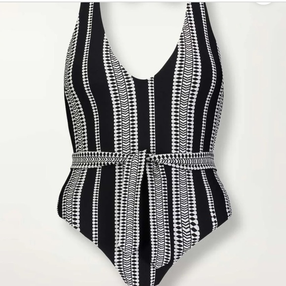 Lemlem x Free People XS Belted Deep-V Black Striped Halter 1Pc Swimsuit Morocco - Picture 3 of 13